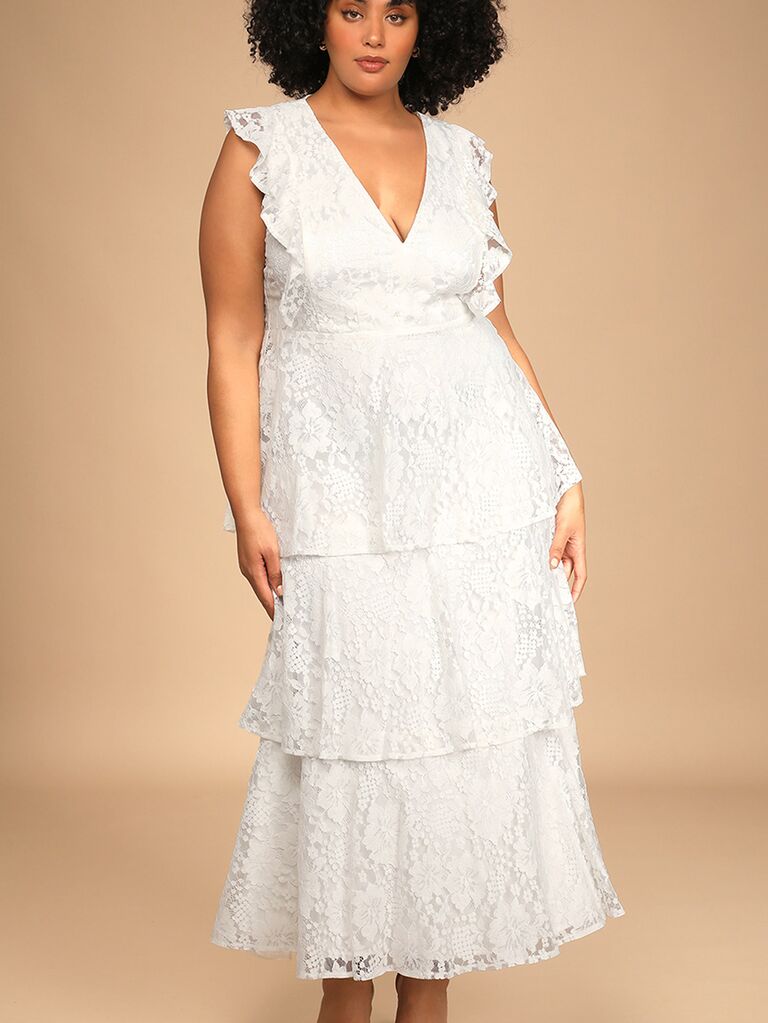 White lace tiered rehearsal dinner midi dress from Lulus