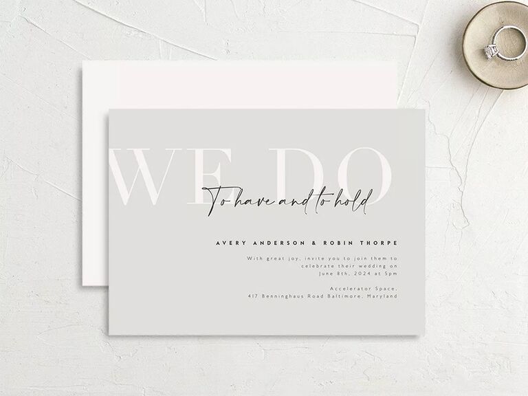 'We Do' on light gray background in bold white type with event details in elegant black type