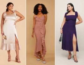 Collage of three different midi bridesmaid dresses