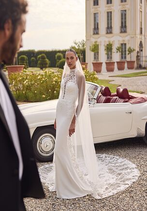 Stretch Crepe Fit and Flare with Jewel Neckline and Illusion Back