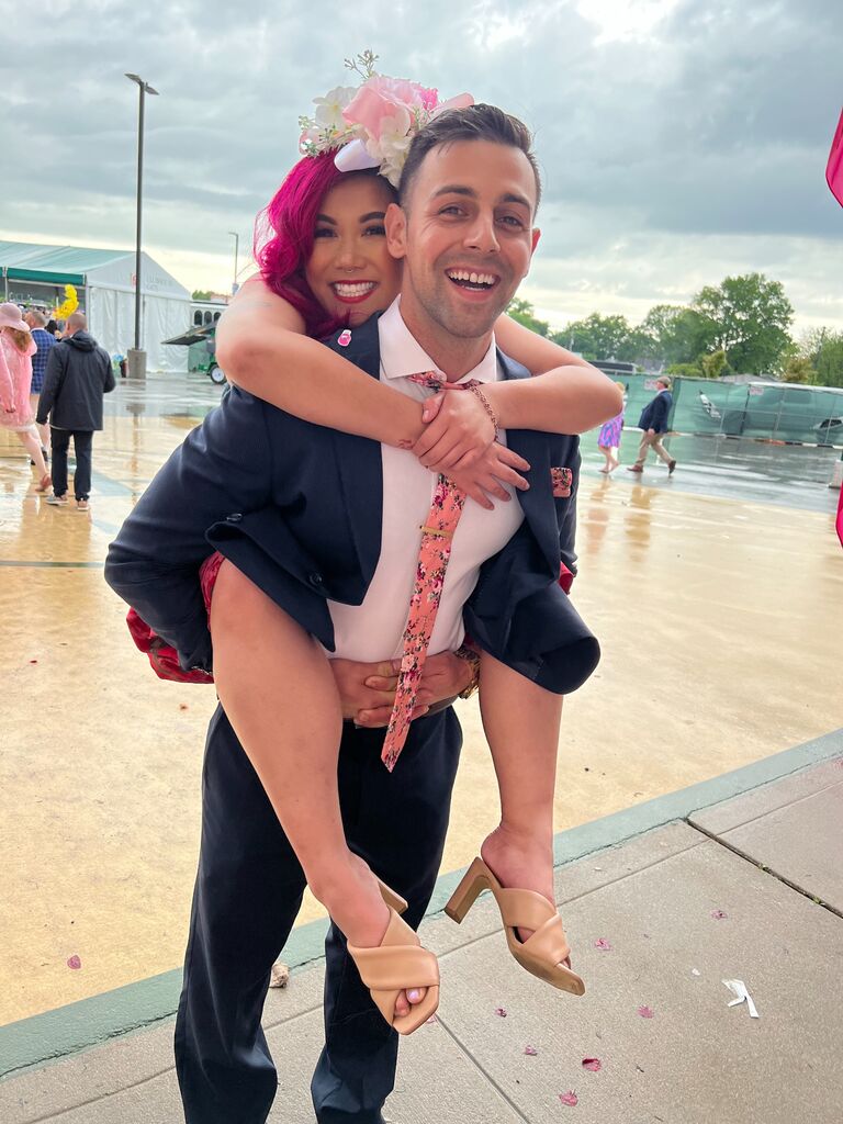 Our first Oaks together! We got rained on, lost a wee bit of money, and indulged in plenty of drinks & snacks but a time was  (clearly) had!