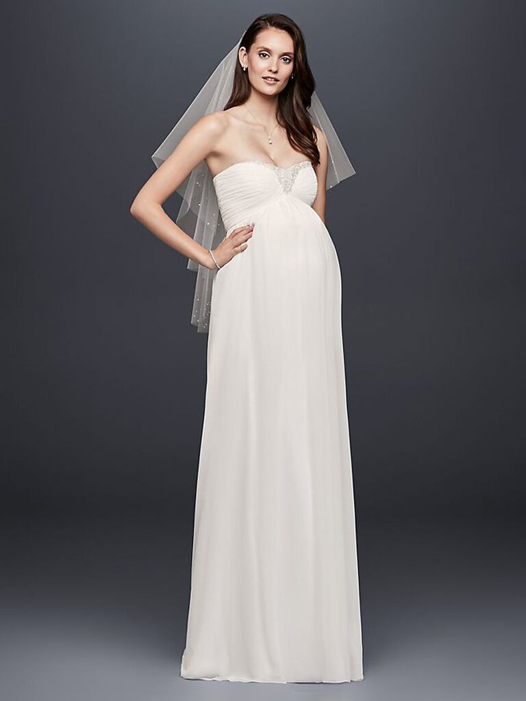 david's bridal white strapless sheath maternity wedding dress with beading and light ruching on chest and plain flowy skirt