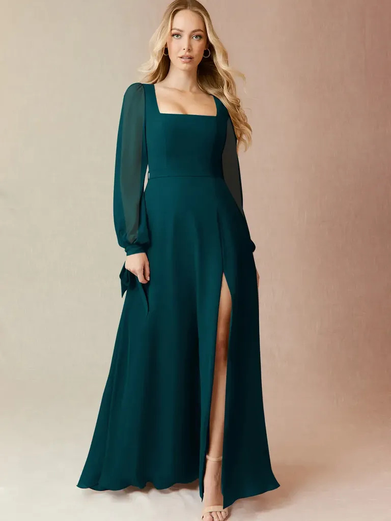 Pine A-Line Long Sleeve Chiffon Floor-Length Wedding Guest Dress