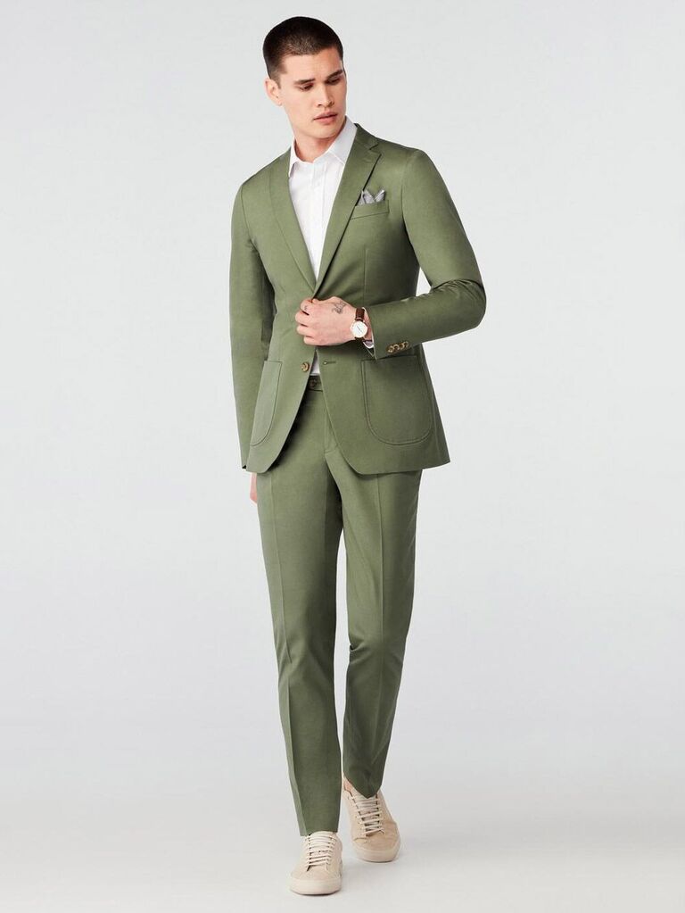 Indochino olive suit for barn wedding guests