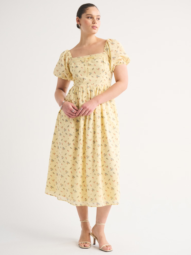 Yellow floral print midi dress outfits for rehearsal dinner from Abercrombie & Fitch