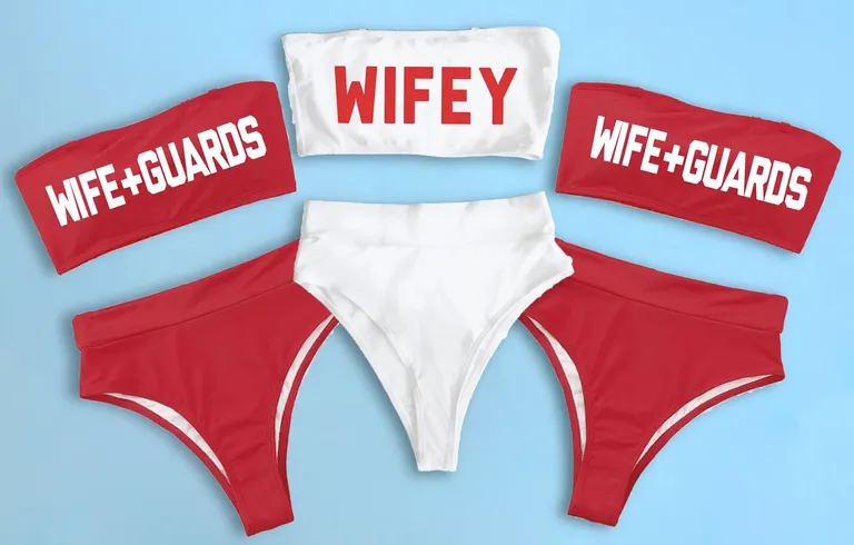 red strapless bikini with 'wife+guards' on top