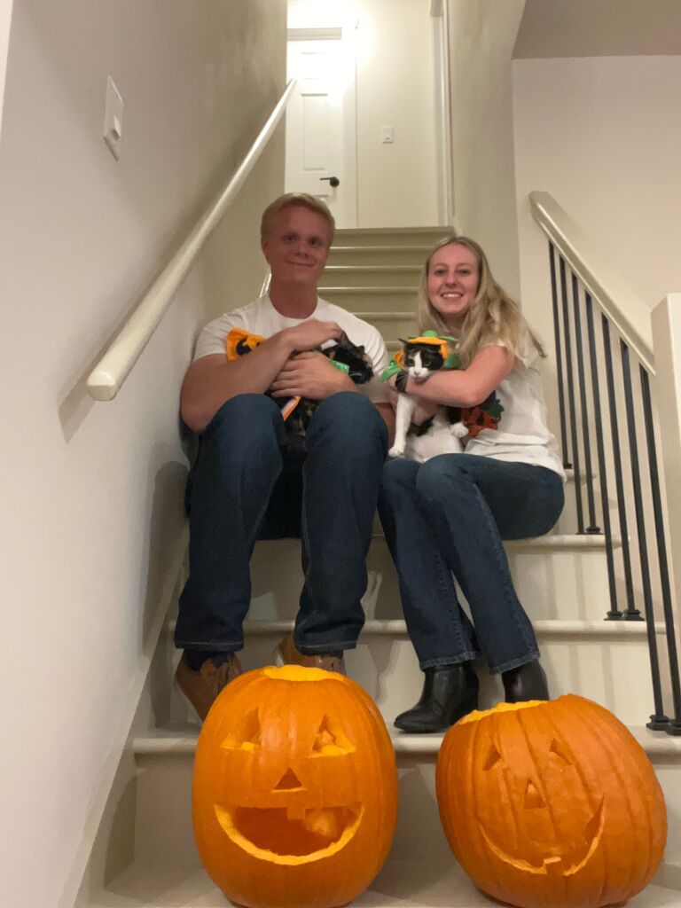 Our first Halloween in the house on the orchard! The cats (Pinky and Peanut) were not thrilled about their costumes, but we thought they looked fantastic.