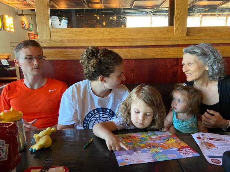Matt and I enjoying dinner with my neices and mom.