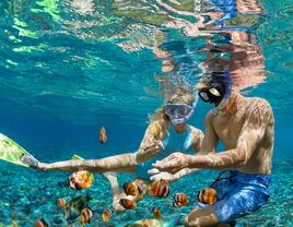 Young couple in snorkeling masks in coral reef sea pool