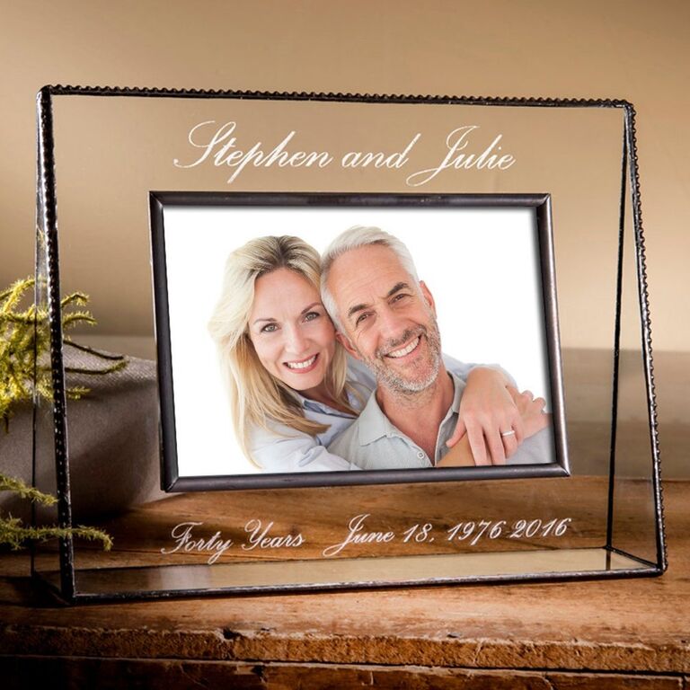 Glass engraved picture frame gift idea for parent's anniversary. 
