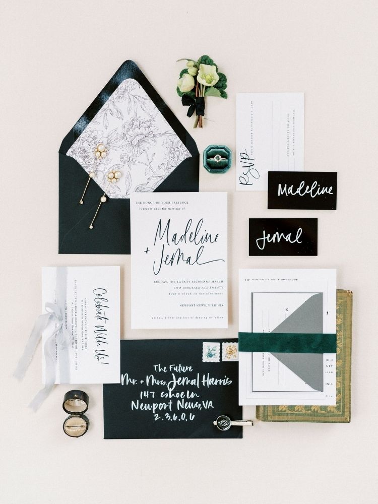 black-and-white wedding invitation suite with calligraphy