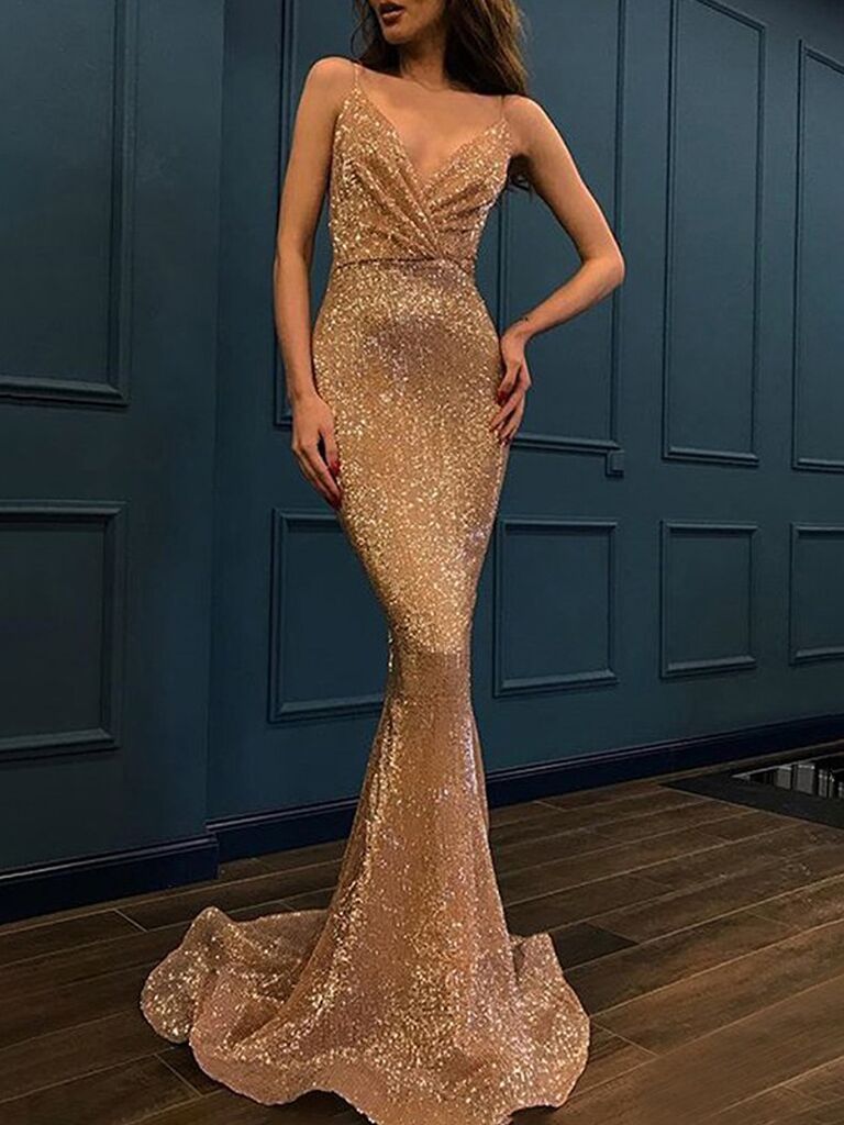 hebeos off the shoulder gold bridesmaid mermaid dress with sequins and v-neckline