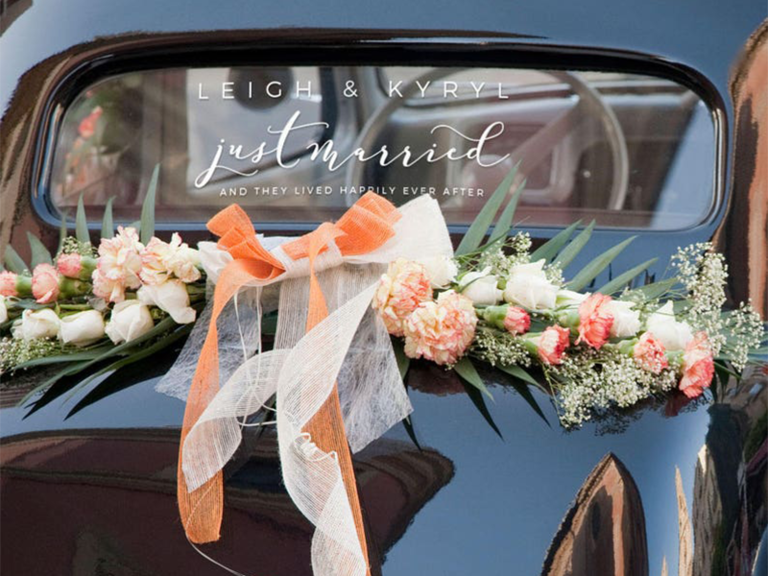 'just married' white vinyl car decal with names and quote 'and they lived happily ever after'