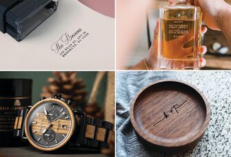 Four engagement gifts for brothers: custom address stamp, engraved whiskey decanter, personalized ring dish, wooden watch