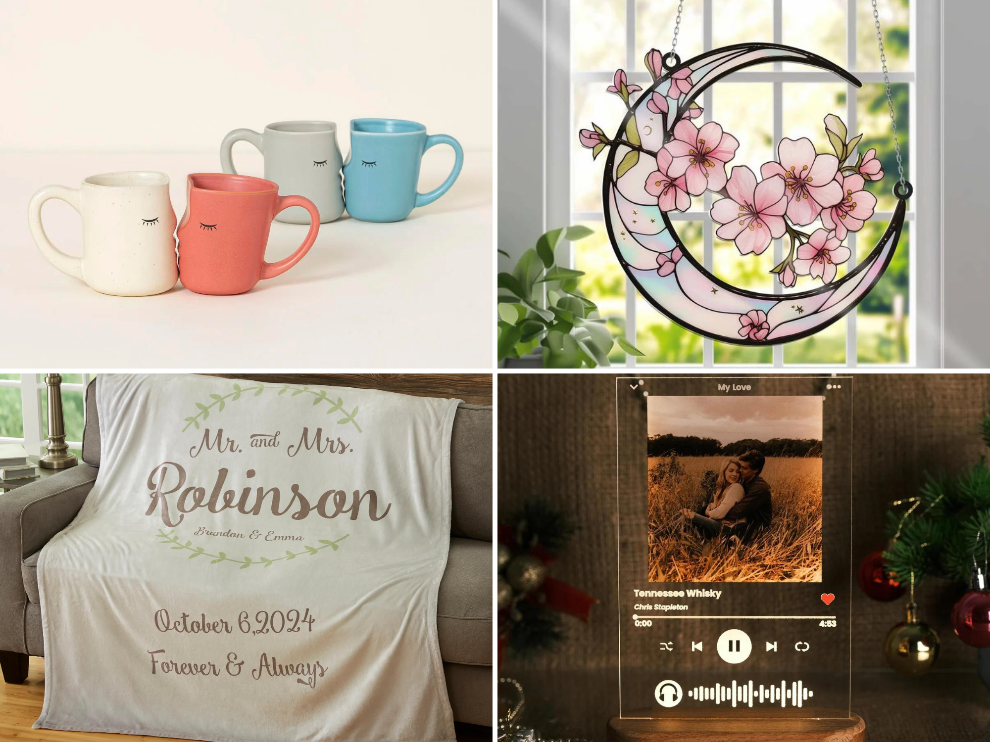 Collage of four 53rd anniversary gift ideas including mugs, floral moon window hanging, custom music picture frame and custom blanket