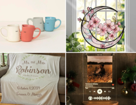 Collage of four 53rd anniversary gift ideas including mugs, floral moon window hanging, custom music picture frame and custom blanket