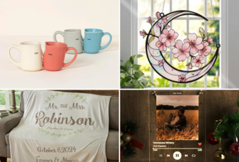 Collage of four 53rd anniversary gift ideas including mugs, floral moon window hanging, custom music picture frame and custom blanket