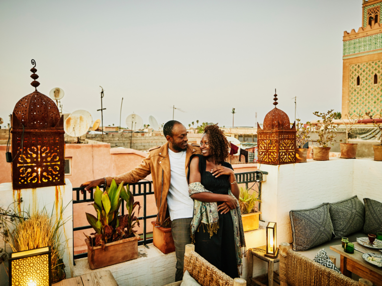 Couple enjoying one year anniversary trip in Marrakech, Morocco