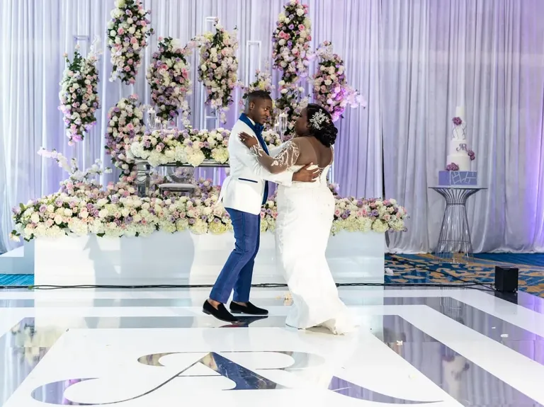 Bride and groom sharing first dance with dance lessons by Live Free Wedding Choreography in Palm Harbor, Florida