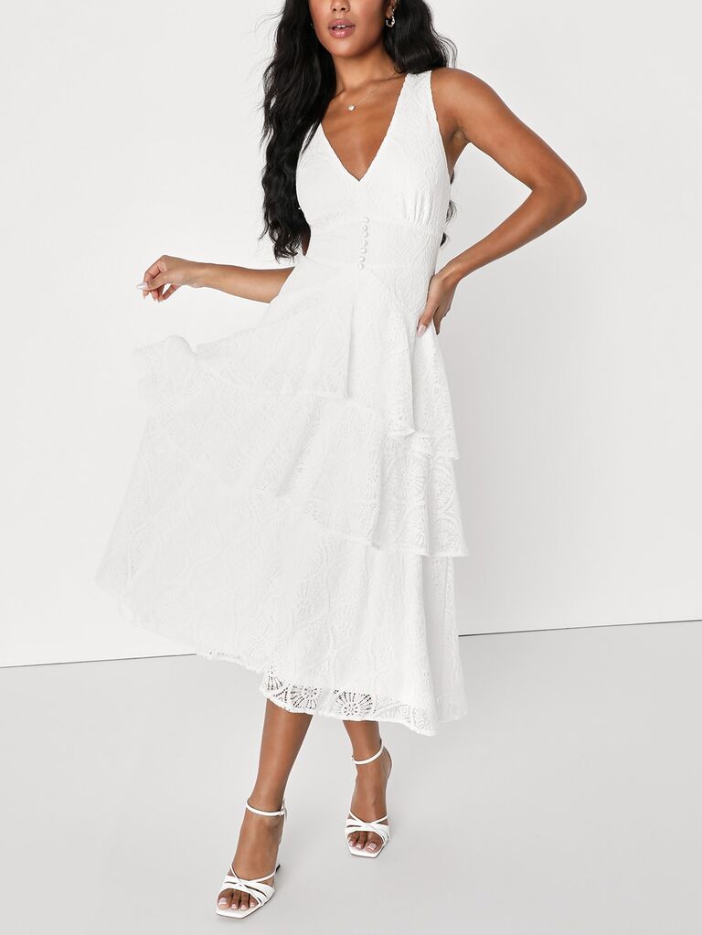 Maximum Poise White Lace Sleeveless Tiered Midi Dress