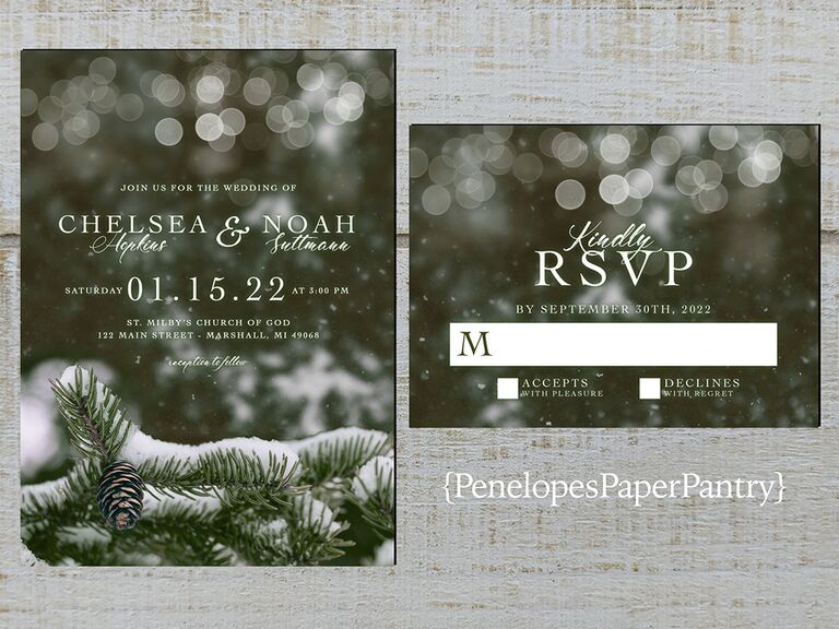 Evergreen branches with snow in background and event details in minimal white type
