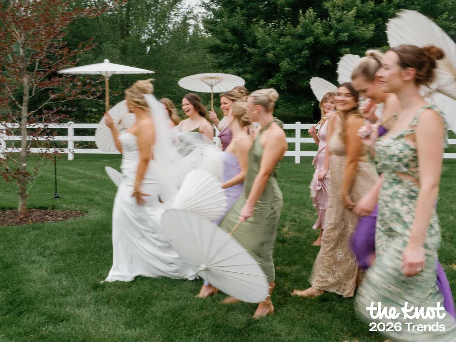 Bride and guests holding parasols