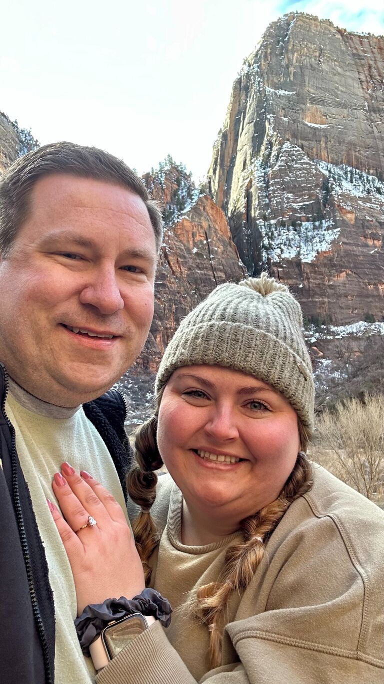 Spencer & Andrew decide to do an easy hike at Zion to see some waterfalls. Spencer nearly slips on ice a half dozen times, so Andrew basically acts as her walking stick. After returning safely to their car, they opt to drive the rest of the park. They come across a particularly beautiful overlook and decide to explore. While they’re admiring The Great White Throne, Andrew proposes. Spencer cries. The woman whose child almost interrupted the moment is mortified. It’s absolutely perfect.
