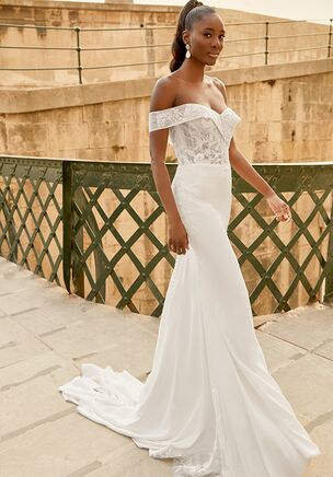 Lace and Crepe Fit and Flare with Off-The-Shoulder Portrait Neckline