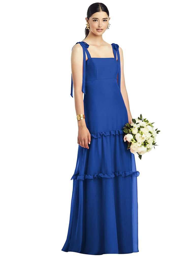 Dessy Group sapphire jewel-tone bridesmaid gown with tie straps and ruffled skirt