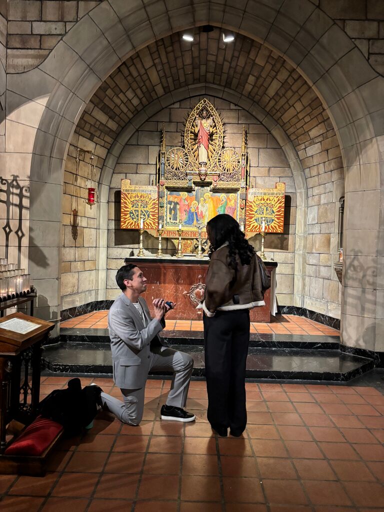 On this day at St. Vincent Ferrer on the Upper East Side, Nico proposes to Dani in the Sacred Heart side chapel just before the Vigil Mass. LJ Santorum took pictures of the occasion!