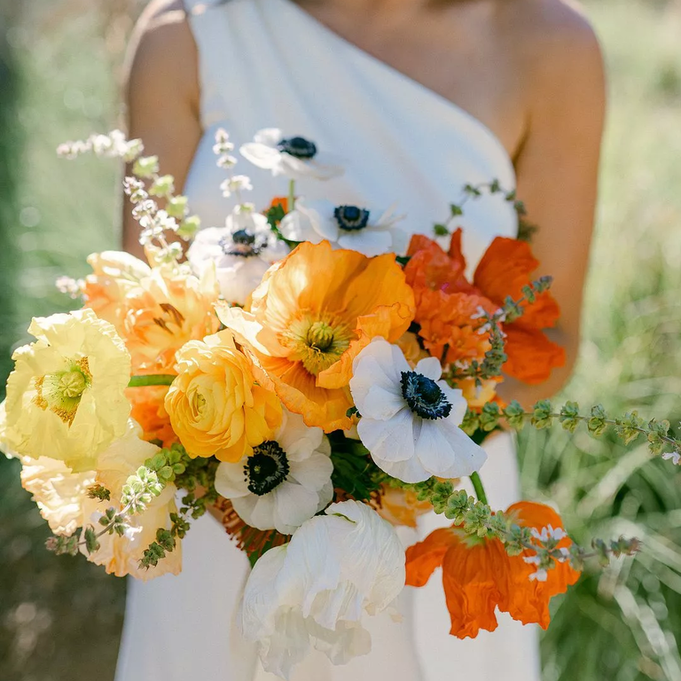 Poppy and Anemone wedding bouquet in bright summery colors