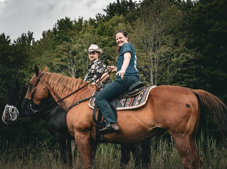 Josh conquered his fear of horses so we could go on a trail ride! He was taking riding lessons in secret so he could show off with a grand gesture.  He brought Clifford, the horse that I always rode, so I was very happy to see "Big Red"!