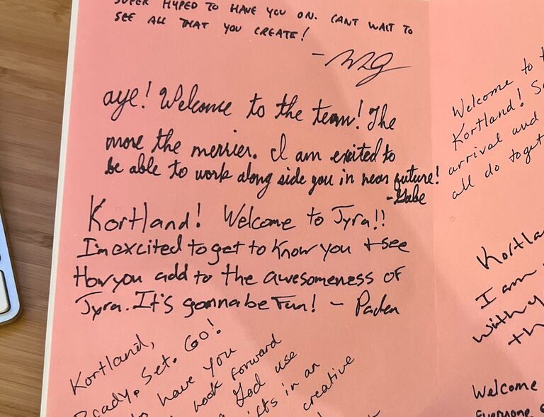 My first day in the office at Jyra Films! I started 2 days before (that's when I met Gabe) but we were on set. Here is the card my coworkers gave me including Gabe's note to me in it.