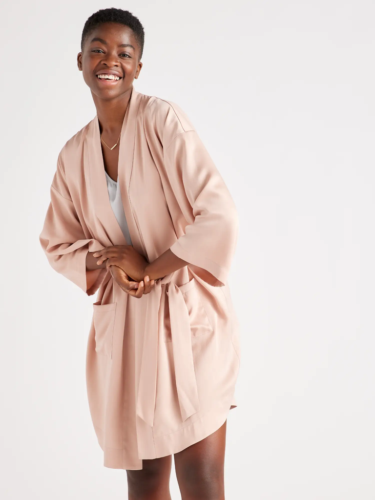 A model shows off this comfortable and glam Simple Silk Wedding Robe.
