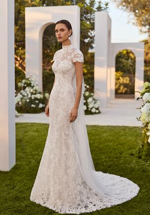 Long mermaid silhouette wedding dress with halter neckline and open back. Beaded lace bodice with short lace sleeves.