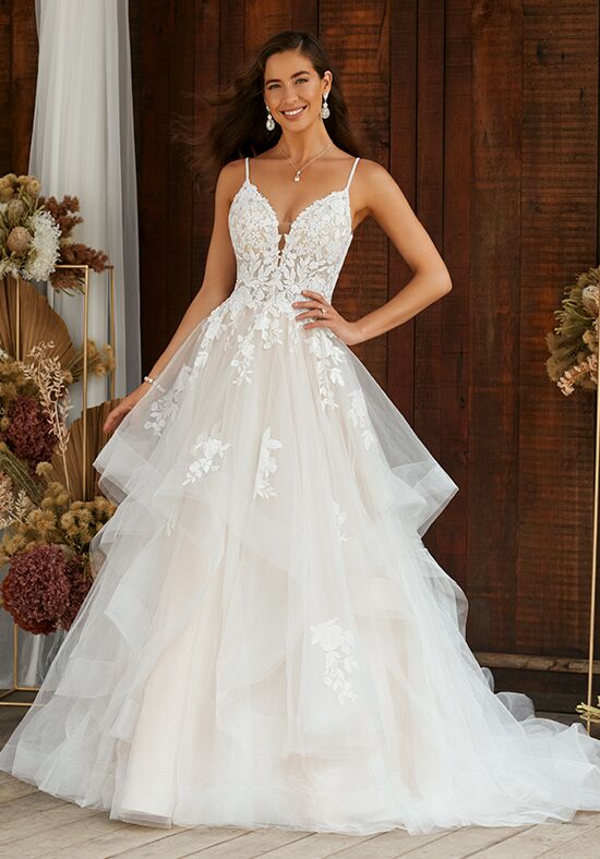 Floral Lace Ballgown Wedding Dress with Plunging V-Neckline - Essense of  Australia Wedding Dresses