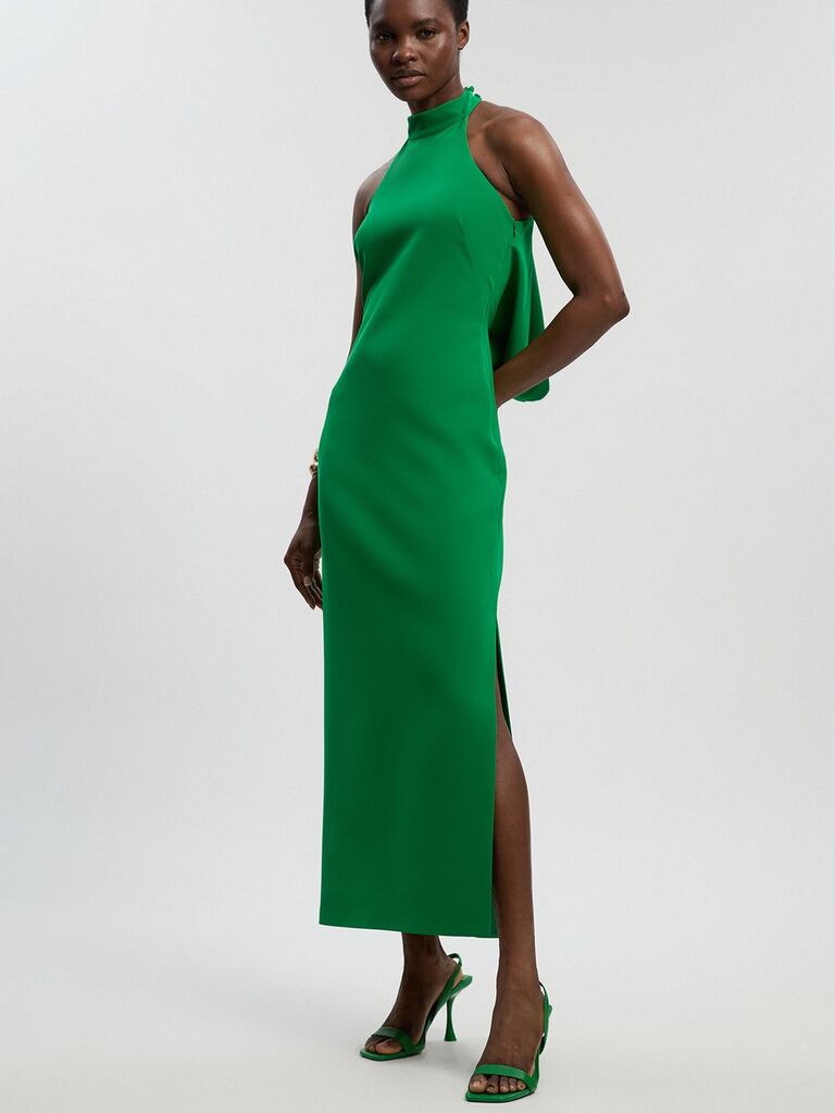 Karen Millen green halterneck wedding guest cocktail dress