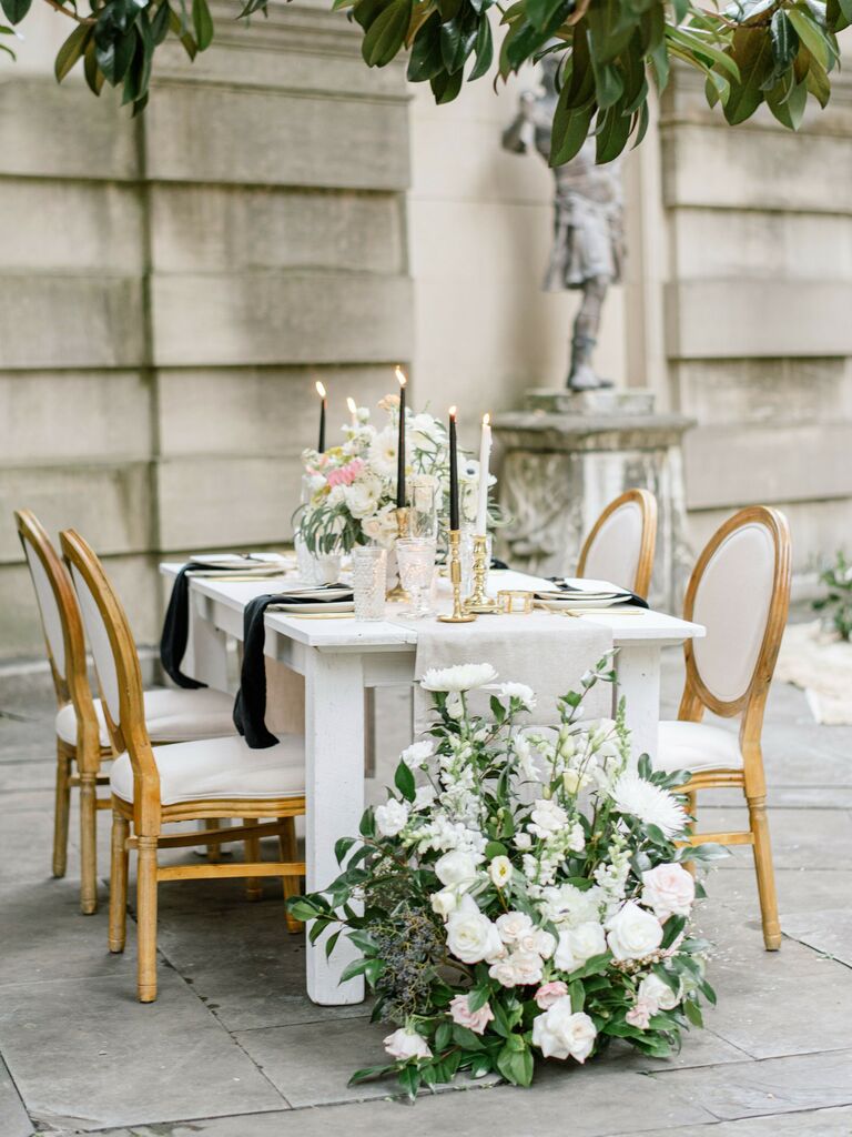 glam microwedding tablescape with gauze white table runner and white louis xvi chairs