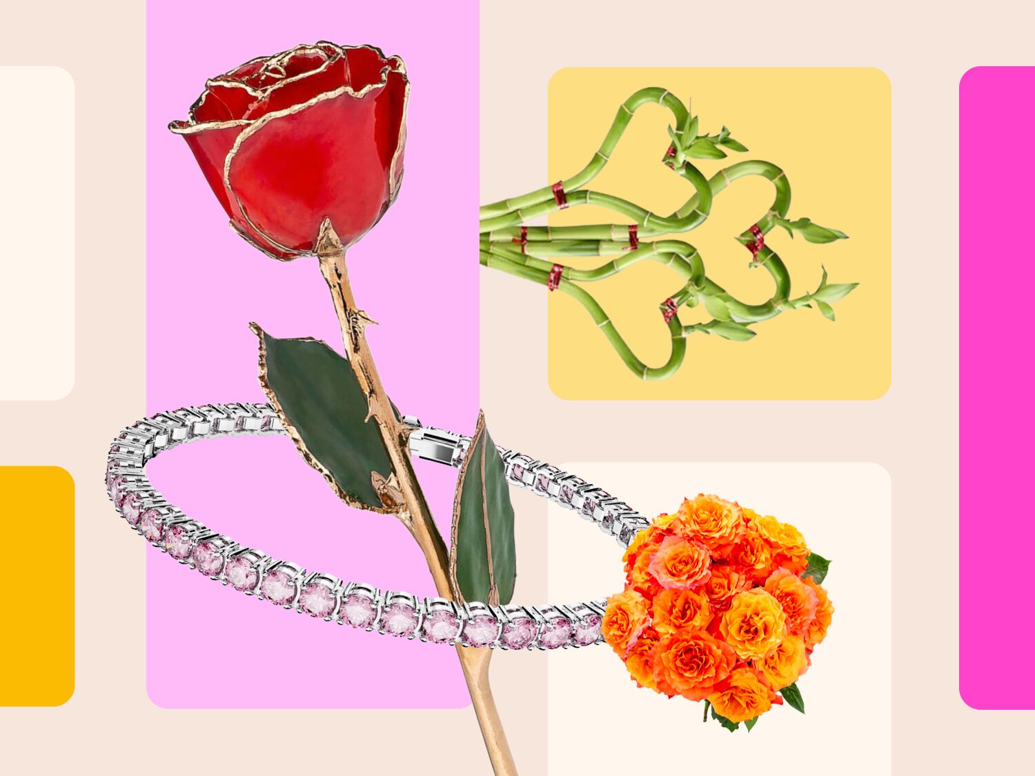 Valentine's day gifts for wife: forever rose, tennis bracelet, heart shaped plant, flowers