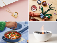 Four gift ideas for wife including necklace, lego set, mini fire pit and cooking pan