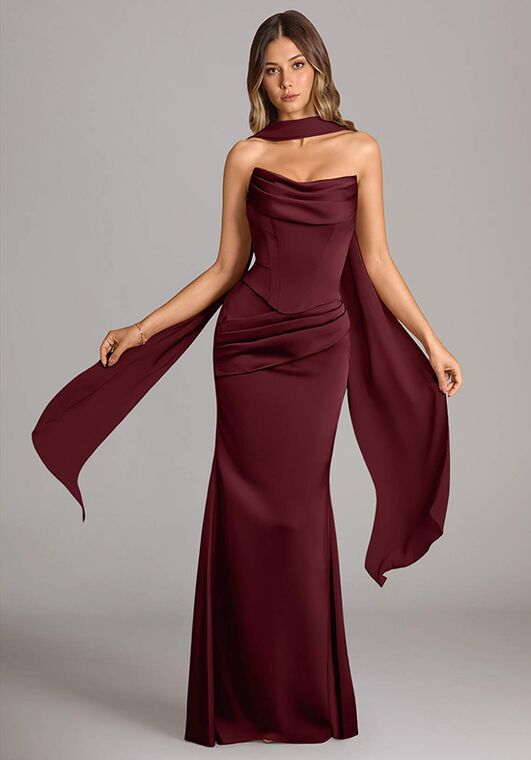satin cabernet bridesmaid dress Azazie Azazie Sorrel Chiffon in Size:18m Long Sleeve Bodysuit elegant black gown front halter satin bridesmaid $696 Alice + Olivia