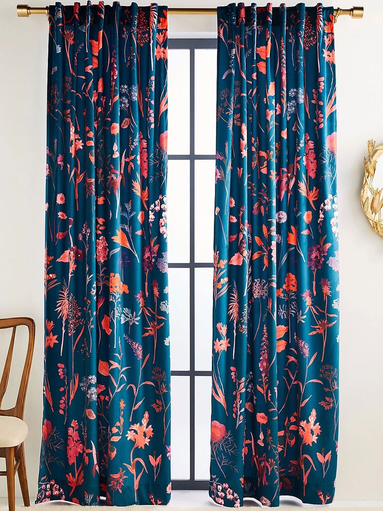 Rich floral curtains biophilic design idea for bedroom