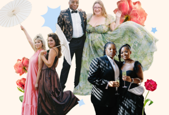 Wedding guests in formal attire posing for photos