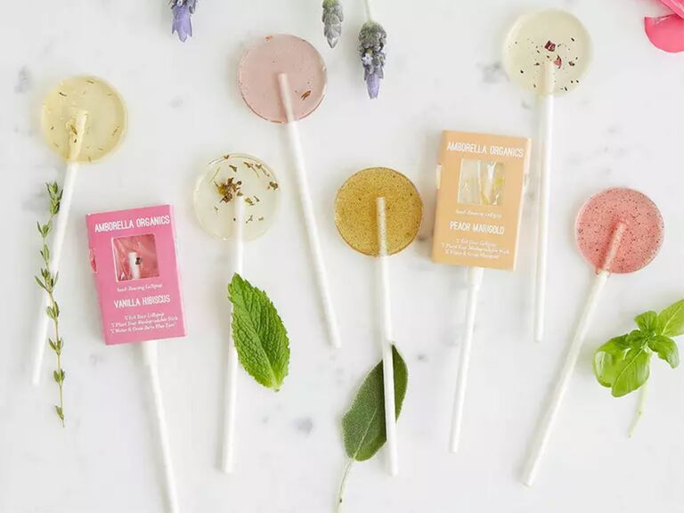 Botanical lollipop wedding favors