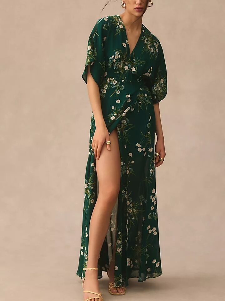 Green and white floral maxi wrap dress from Anthropologie