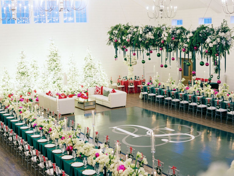 Christmas themed wedding reception space