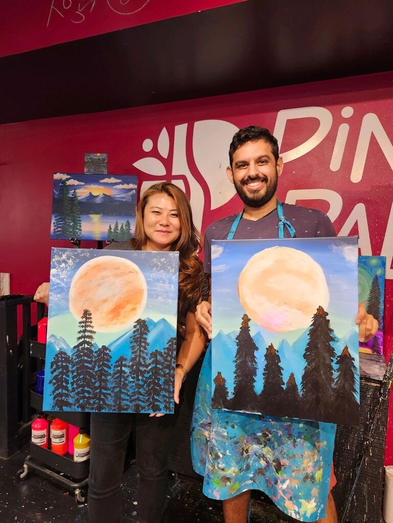 So much for my art degree.. I might as well hand it to Josephine for her not-as-scary midnight forest painting. Our first paint and sip date night