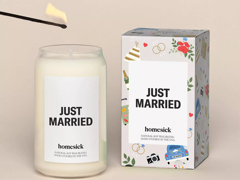 Soy candle with 'Just Married' on label and 'Just Married' box with wedding graphics