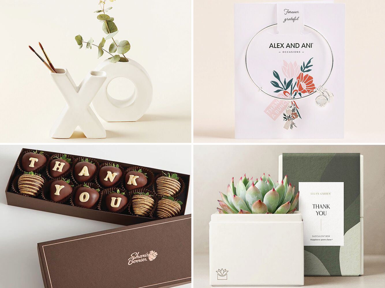 Collage of four thank you gifts: XO-shaped vases, charm bracelet, potted succulent, chocolate-covered strawberries