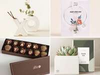 Collage of four thank you gifts: XO-shaped vases, charm bracelet, potted succulent, chocolate-covered strawberries